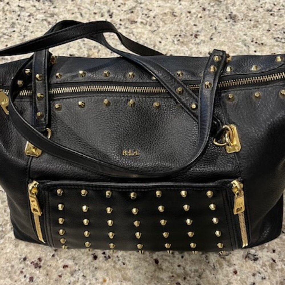 Vintage Ralph Lauren Black Pebbled Leather Gold Studded Stachel Bag - Picture 2 of 16